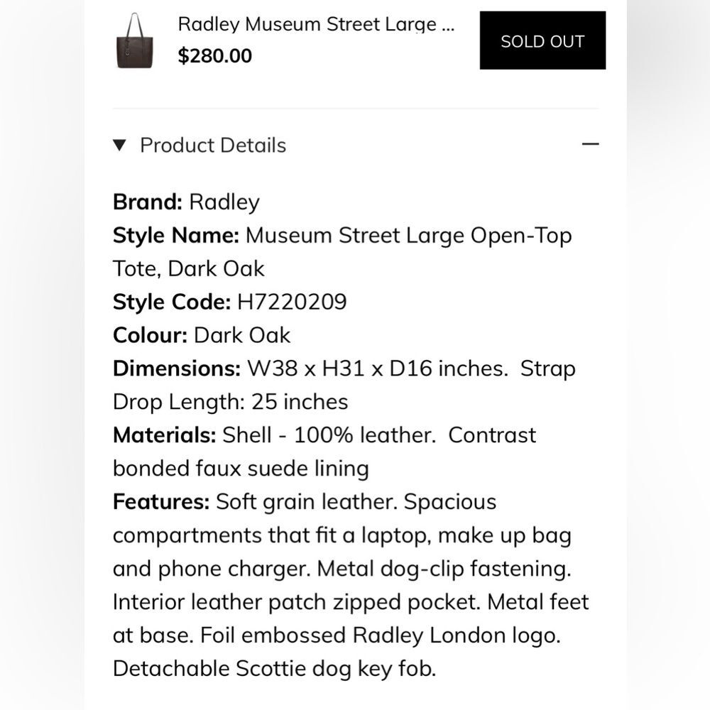 RADLEY London Museum Street Large Open-Top Tote in Dark Brown, NWT - Picture 16 of 16